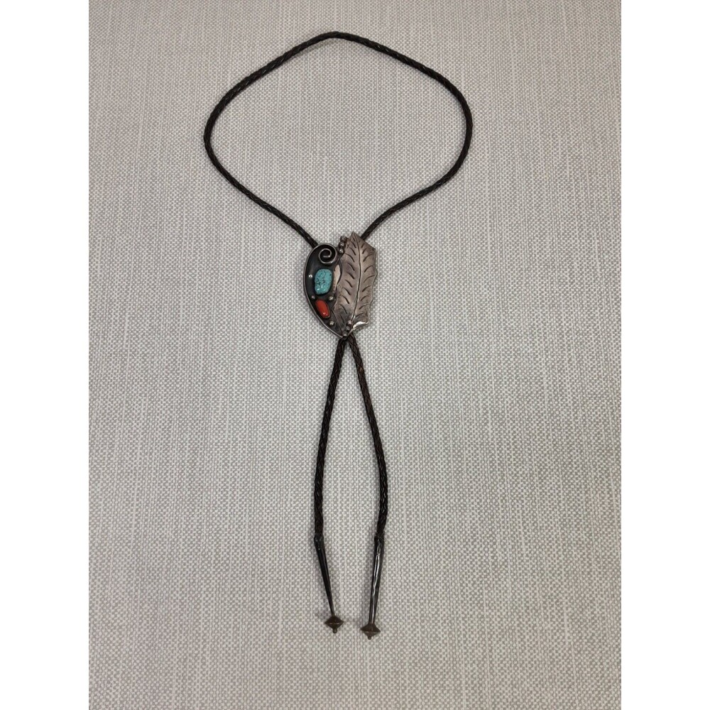 David F Garcia Vintage Bolo Tie Silver Turquoise Coral Leaf Leather Rare